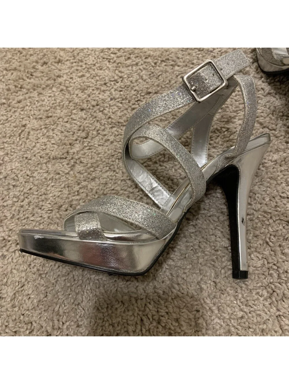 Women’s Tevolio High Heels Silver Sparkle Open Toe Ankle Strap Shoes Size 5.5